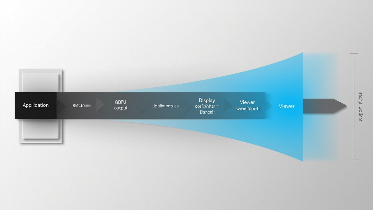 Block diagram of a 3D display screen signal path with five stages: application pipeline, GPU output, cable run, display controller and optical layer, and viewer sweet spot.