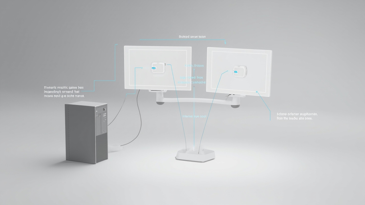 Diagram of a glasses-free 3D display screen on a workstation desk with annotated signal path from host GPU through cable to display panel.