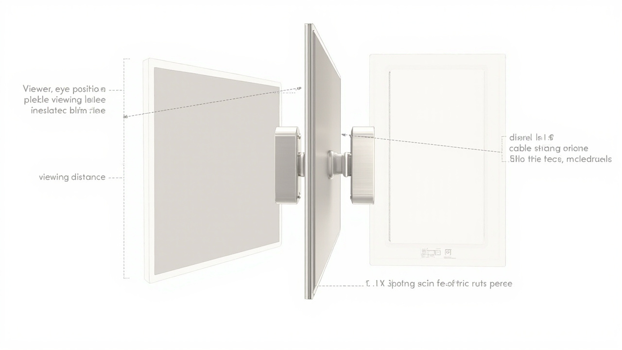 Side view of a mounted 3D display screen showing viewer eye position, viewing distance, rear ventilation clearance, and cable strain relief at the input panel.