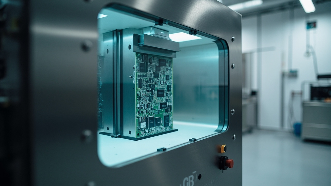A desktop 3D X-ray inspection system imaging a populated circuit board in a laboratory setting.
