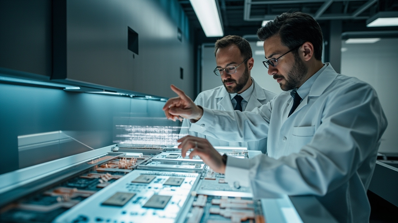 Engineers reviewing a rendered 3D X-ray volume on a glasses-free 3D display in an inspection lab.