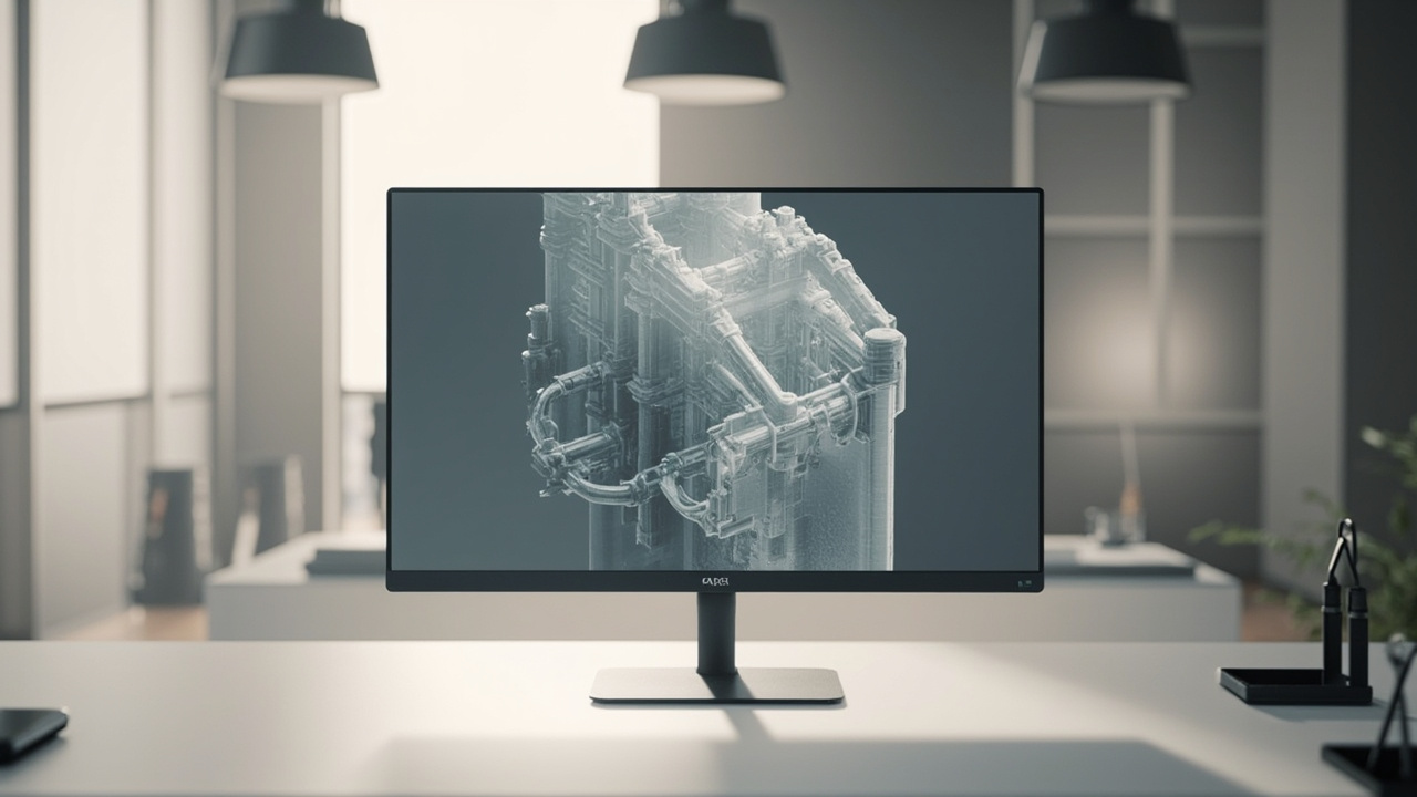 Glasses-free 3D monitor on a desk with a 3D model visible on screen