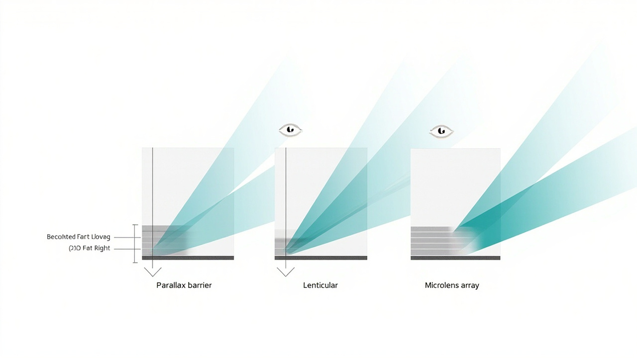 Cross-section of parallax barrier, lenticular, and microlens optical layers over an LCD panel