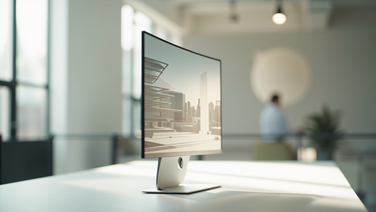 A glasses-free 3D monitor on a desk showing a layered 3D scene, with no glasses or headset on the viewer.