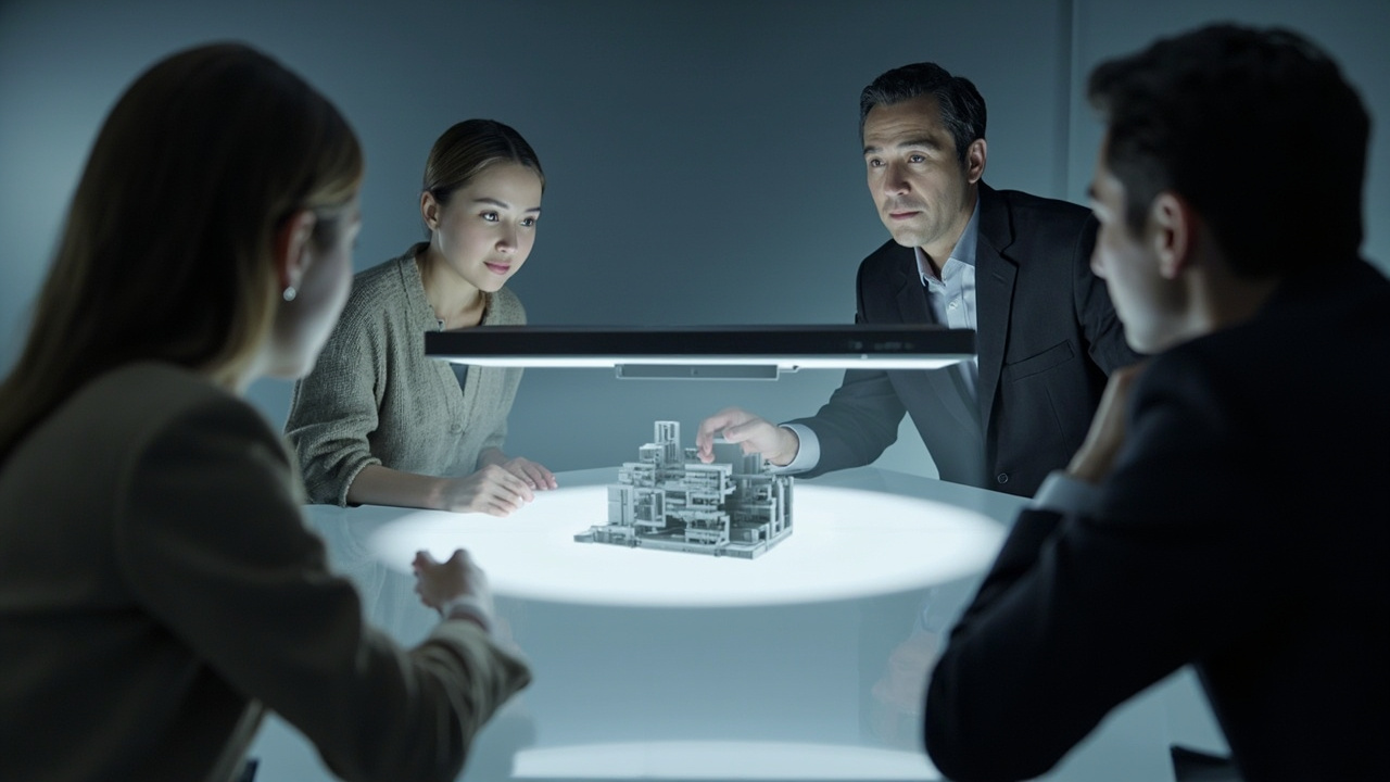 Three reviewers seated around a large glasses-free 3D monitor in a meeting room, with a depth-correct model visible on screen.
