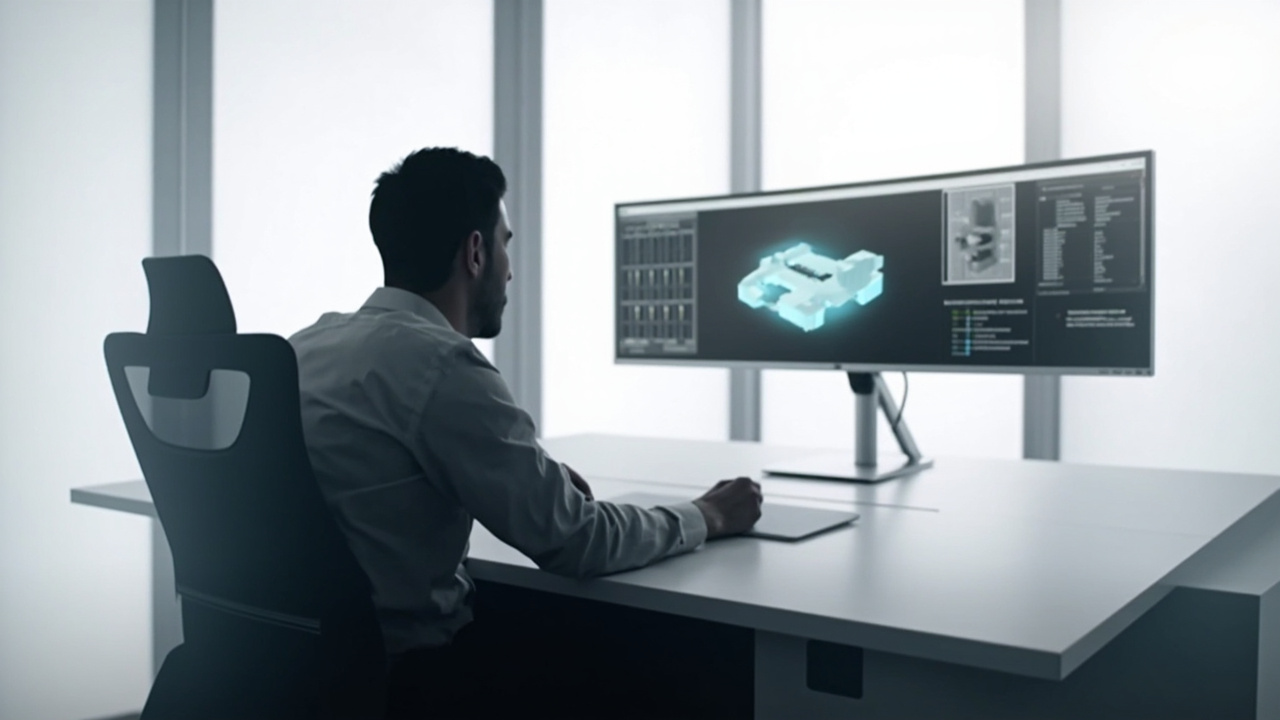Illustration of a professional reviewing a 3D CAD or medical model on a glasses-free spatial display while taking notes on a separate 2D monitor.