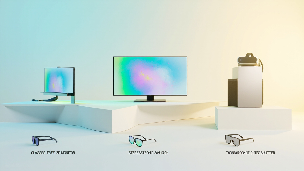Diagram contrasting glasses-free 3D monitor, glasses-required stereoscopic monitor, and VR headset approaches