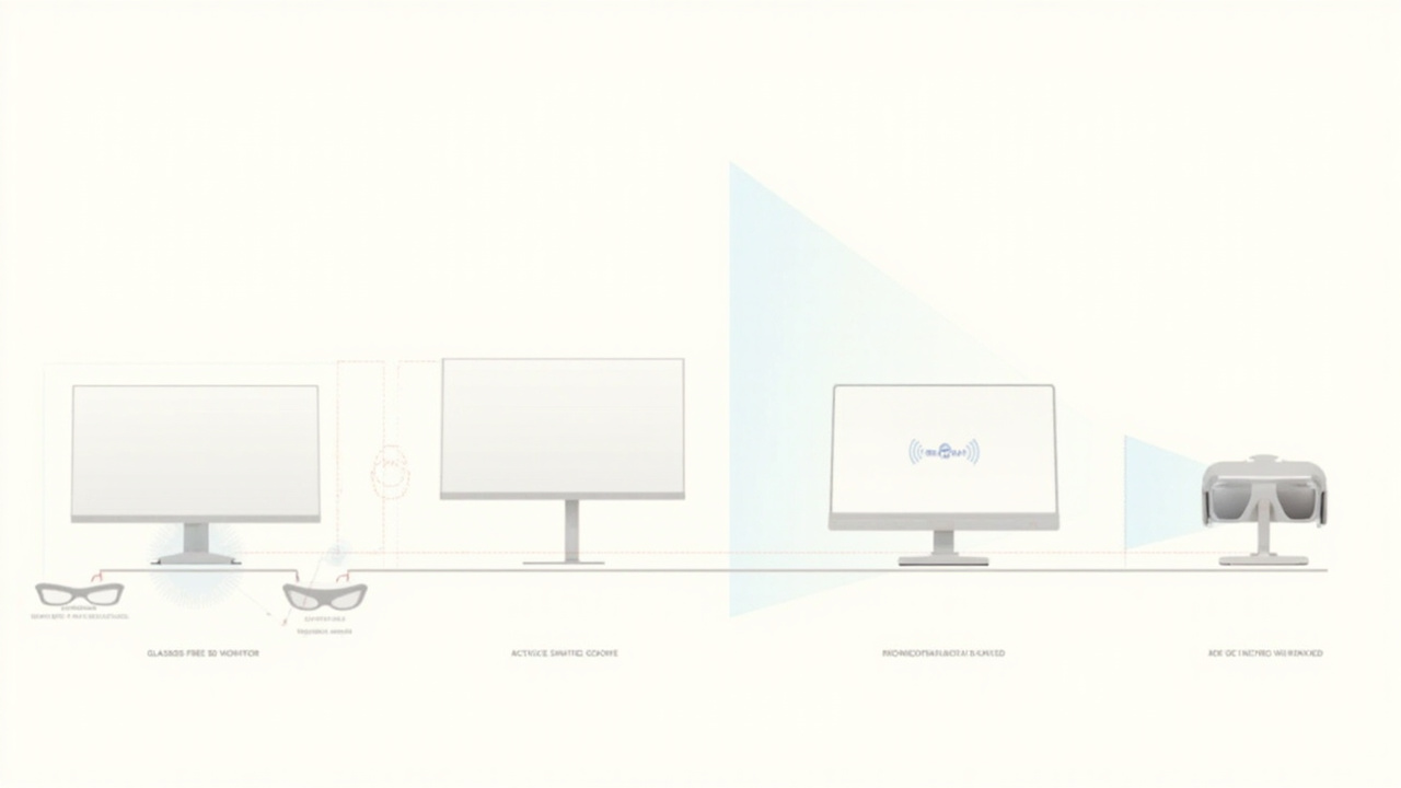 Diagram comparing glasses-free 3D, shutter-glasses 3D, and VR headset viewing setups