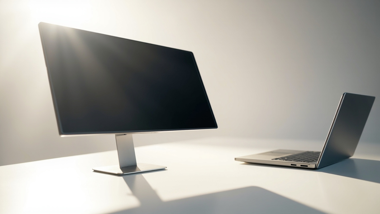 A portable 15.6 inch 3D monitor set up on a desk next to a laptop, illustrating the portable mixed 2D and 3D workstation use case.