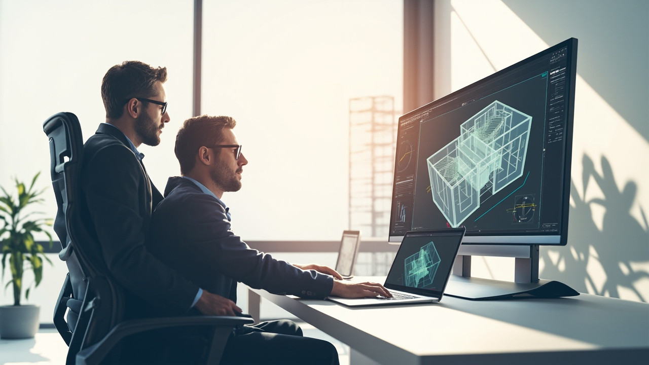 Workflow illustration of a designer using a portable 3D monitor alongside a laptop to review a CAD model with another person observing without glasses.