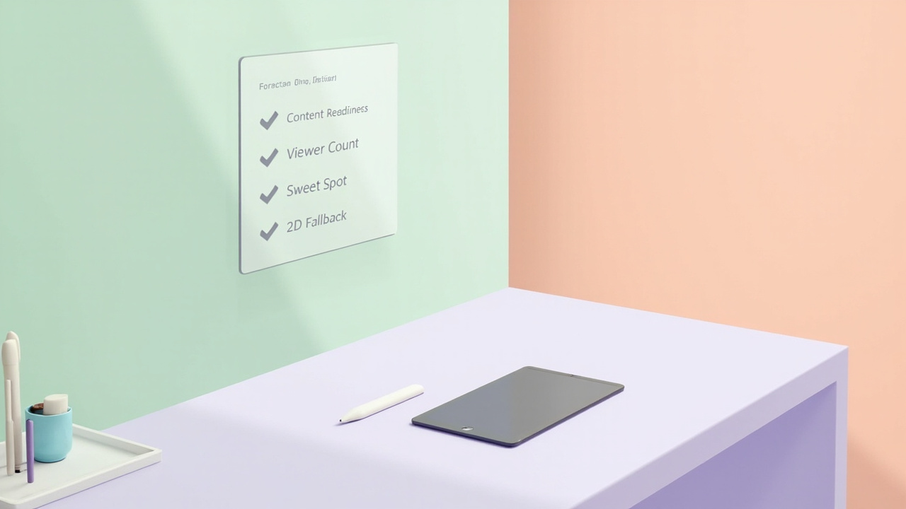 Illustration of a buyer checklist mapped to a desk-side workflow for evaluating stereoscopic 3D monitors