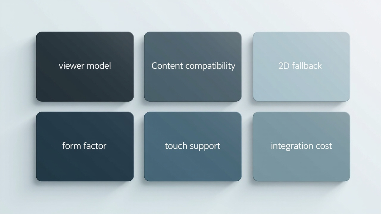 Diagram-style illustration explaining the six selection criteria used to compare a Lenovo 3D display with glasses-free 3D alternatives.