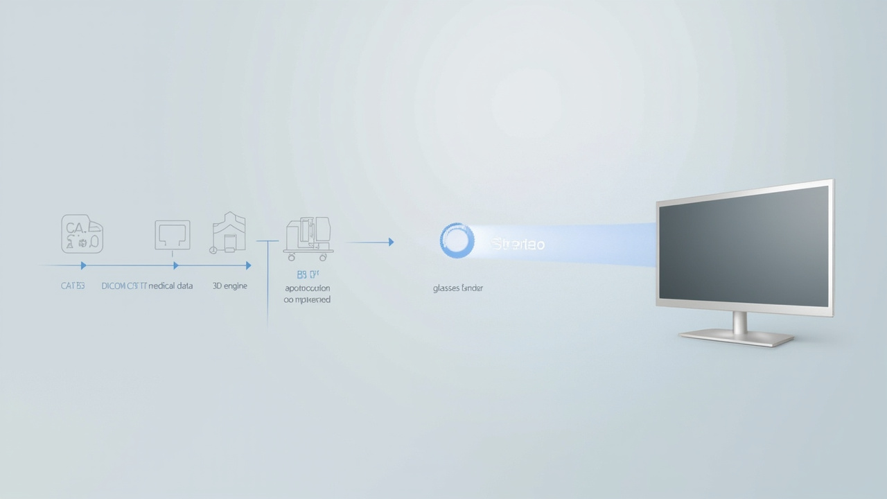 Workflow diagram showing how a Lenovo 3D display or alternative feeds stereo content from CAD, DICOM, or engine pipelines into a glasses-free monitor.