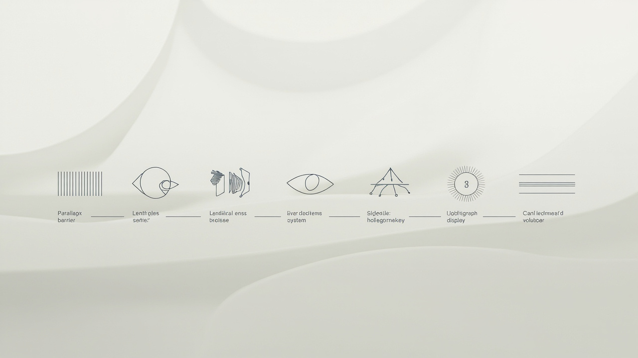 Diagram of naked-eye 3D sub-methods including parallax barrier, lenticular lens, eye-tracked, light-field, and holographic pyramid, shown as simple icons