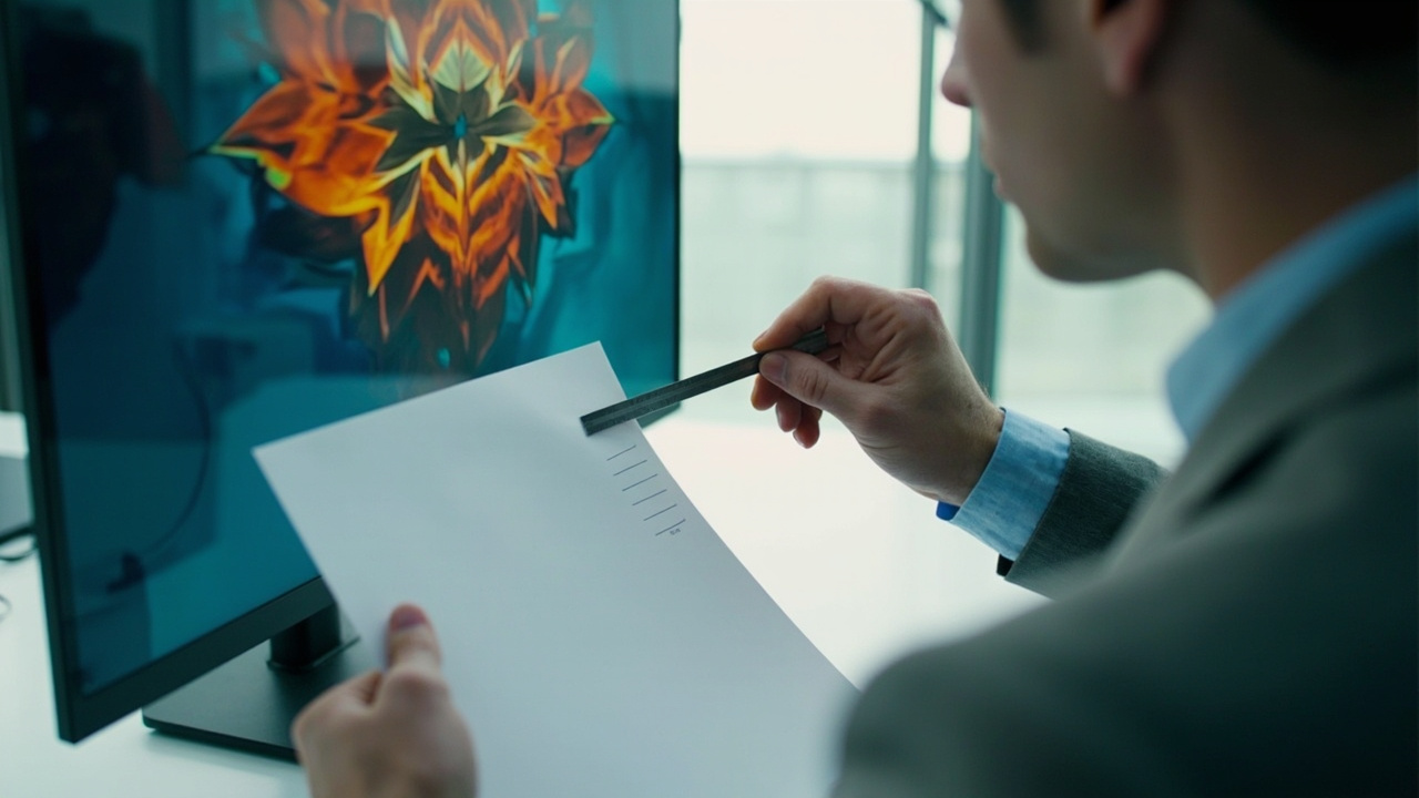 Photograph of a buyer evaluating a glasses-free 3D display with a checklist and a ruler for sweet-spot distance, in a soft-lit office