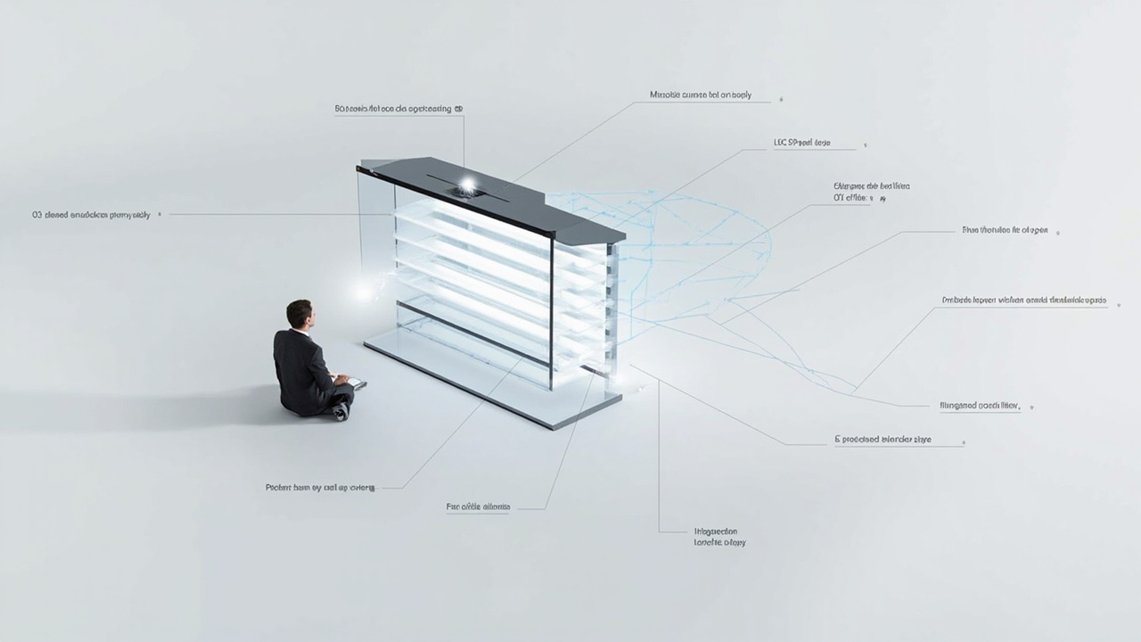 Cutaway diagram of an autostereoscopic monitor panel showing the display layer, optical lens array, and an eye-tracked viewer.
