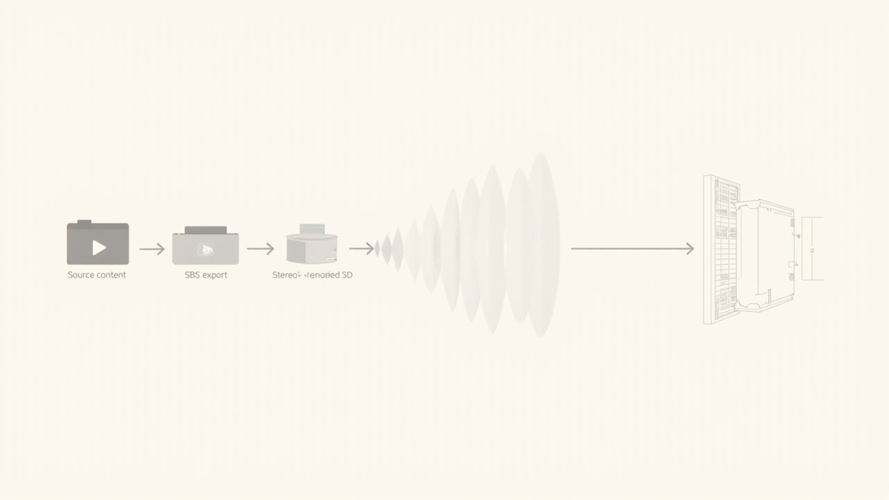 Workflow diagram showing how stereo and SBS source content feeds into a parallax barrier display.