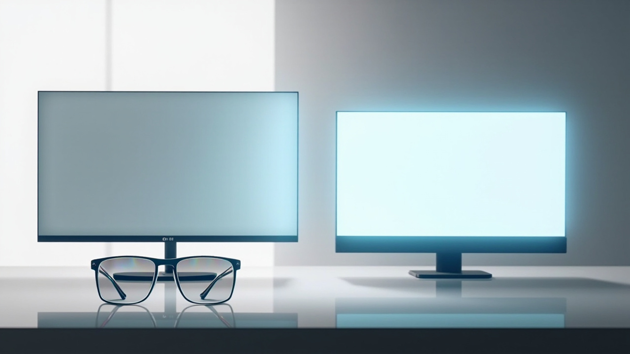 Editorial comparison banner showing a stereoscopic 3D monitor setup alongside a glasses-free autostereoscopic display, representing the PluraView versus alternatives framing.