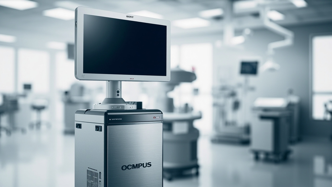 Sony medical-grade surgical monitor connected to an Olympus endoscopy tower in an operating room.