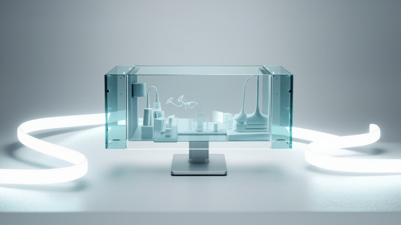 A spatial 3D display on a review desk with layered 3D content on the screen