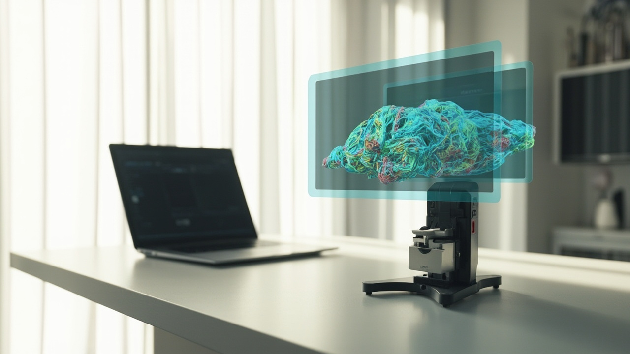 Spatial 3D display on a desk with a software viewer window open beside it