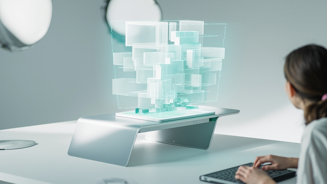 A desk-mounted spatial 3D display showing a depth-correct 3D model to a seated reviewer without glasses.