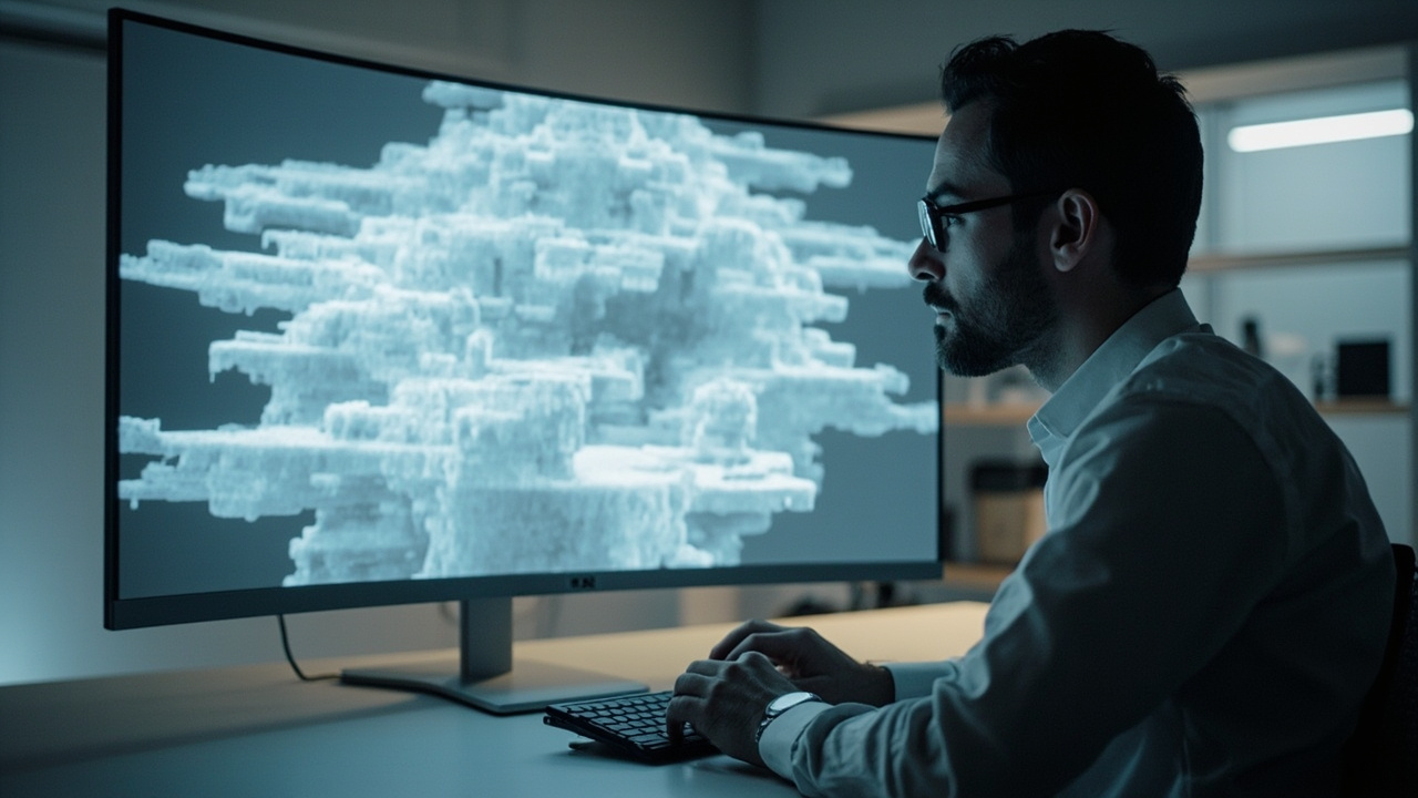 Workflow scene of a medical or industrial review team using a spatial 3D display at a workstation, with stereo content on screen.