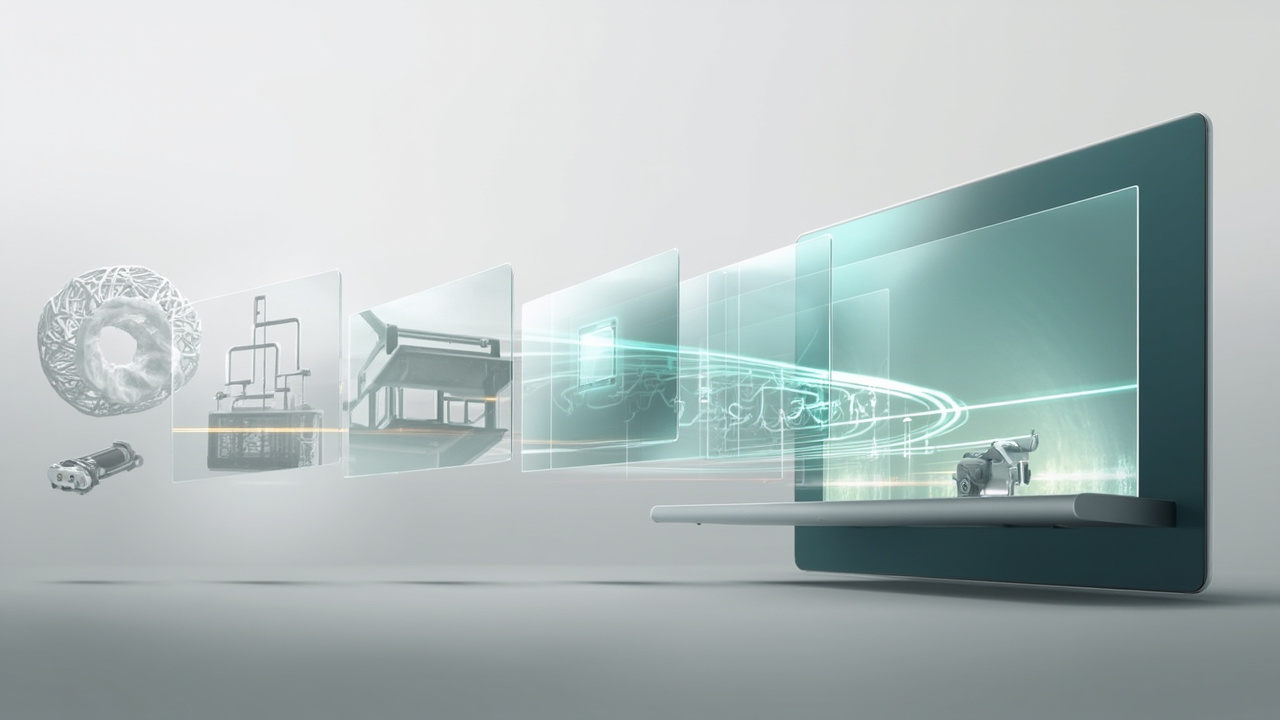 Editorial illustration introducing stereoscopic display software as a multi-layer pipeline from source data to a stereoscopic monitor.