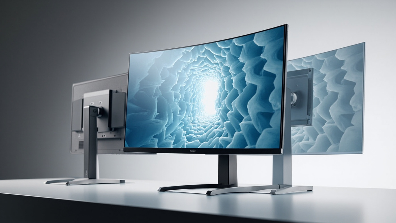 Side-by-side comparison of a glasses-free 3D spatial display next to a standard 2D monitor on a desk, highlighting depth rendering on the 3D screen.