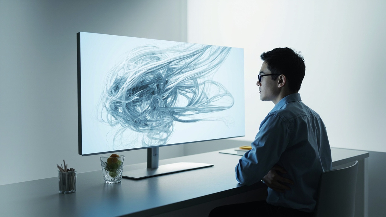 Glasses-free 3D display showing a 3D model with visible depth on the screen, viewer seated in front of it without eyewear