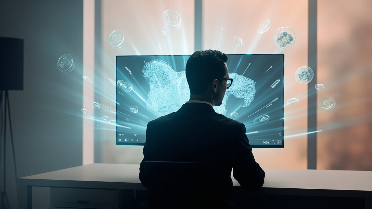 Workflow illustration of a 3D display in use during a CAD or medical review session, showing source content, the display, and the seated reviewer