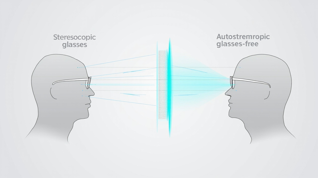 Diagram comparing how left-eye and right-eye images are routed in stereoscopic versus autostereoscopic 3D displays