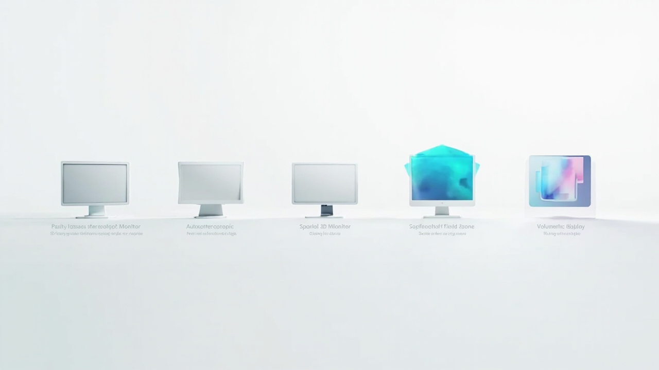 Editorial illustration of several 3D display categories side by side, including stereoscopic, autostereoscopic, spatial, light-field, and volumetric displays